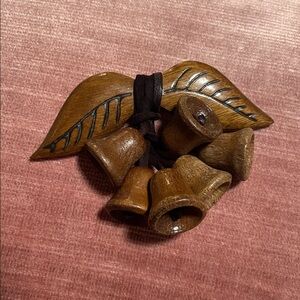 Vintage 1940’s Forties Chunky Brown Wooden Bells and Leaves Dangle Brooch